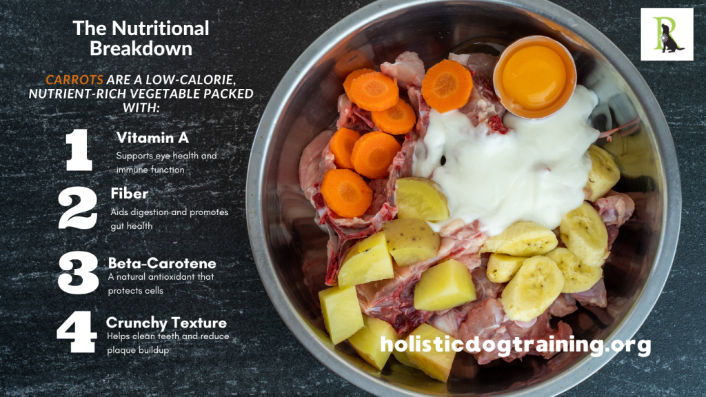 A stainless steel dog food bowl filled with fresh raw meat, sliced carrots, banana, egg yolk, and yogurt on a dark stone countertop. Text overlay highlights the nutritional benefits of carrots for dogs, including Vitamin A, fiber, beta-carotene, and dental health support.