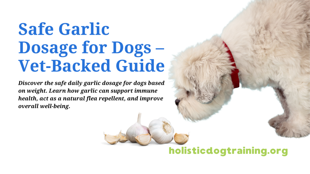 A fluffy white dog wearing a red collar sniffs fresh garlic cloves on a white background. Text overlay reads: “Safe Garlic Dosage for Dogs – Vet-Backed Guide.”